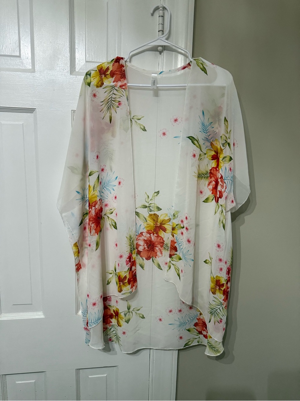 Honeyme White Floral Kimono with Pink and Blue Accents